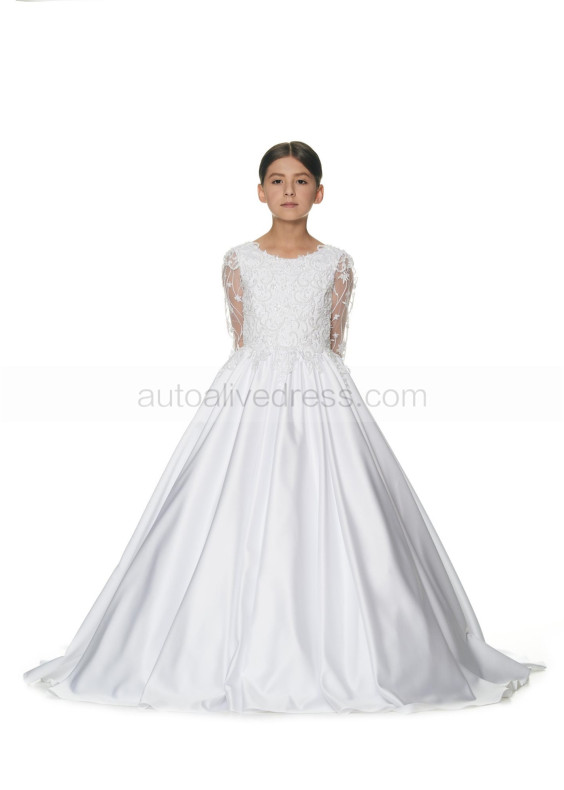 Transparent Long Sleeves Beaded White Lace Satin Flower Girl Dress